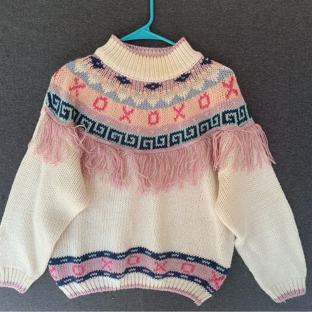 Vintage 80's Chunky Knit Fringe Tassel Sweater XO Hugs Kisses Center Aisle